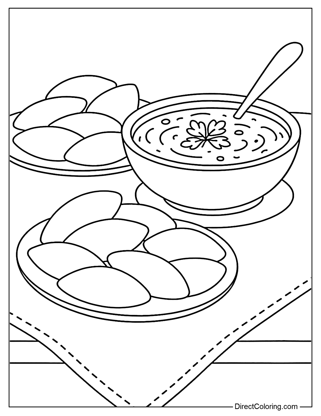 Coloring page of a dining table with pirozhki and red borscht soup.